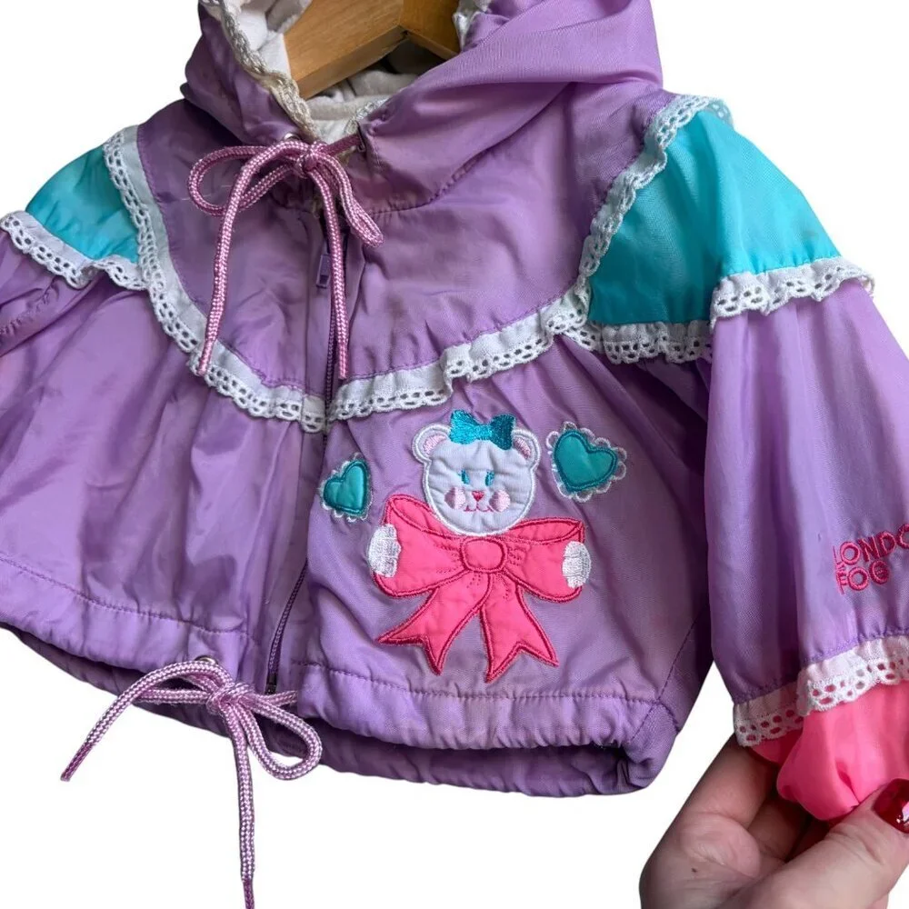 Vintage Kids London Fog Pastel Purple Pink Bear Lace Heart Jacket 9-12 Months